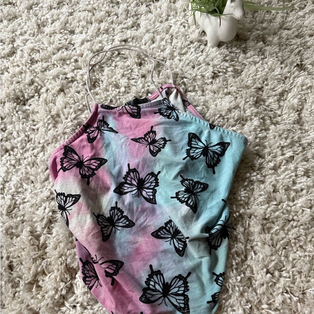 Multi-coloured tie-dye butterfly crop top cute retro shirt - Picture 2 of 4